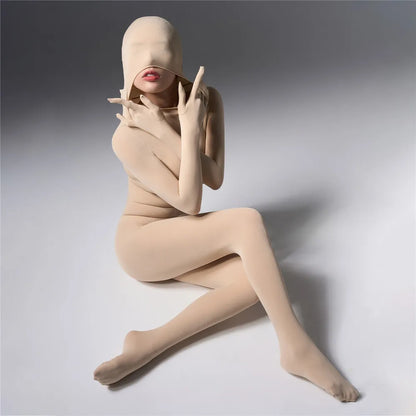 Sexy Women 120D Tights Hooded Mask Elastic Bodysuit Sheer See Through Rompers Glove Jumpsuits Cosplay Maid Leotard