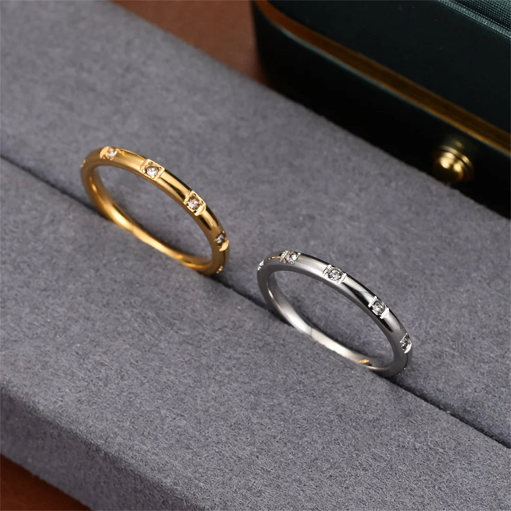 Women's Gold Ring 2mm Thin Silver Color Titanium Stainless Steel Crystal Wedding Rings for Woman Girl Elegant Jewelry Anello