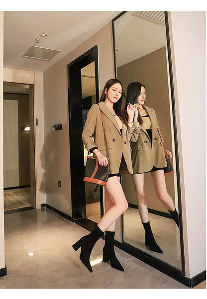 BIGTREE Shoes High Heel Boots Suede Women Ankle Boots Pointed Toe Socks Boots Thick Heel Women Shoes Warm Winter Boots Size 43