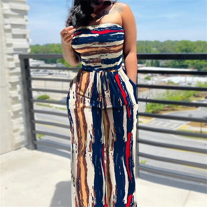Women's Sexy Strapless One Piece Printed Pants Summer Fashion Lace Up High Waisted Slim Sleeveless Female Beach Holiday Jumpsuit