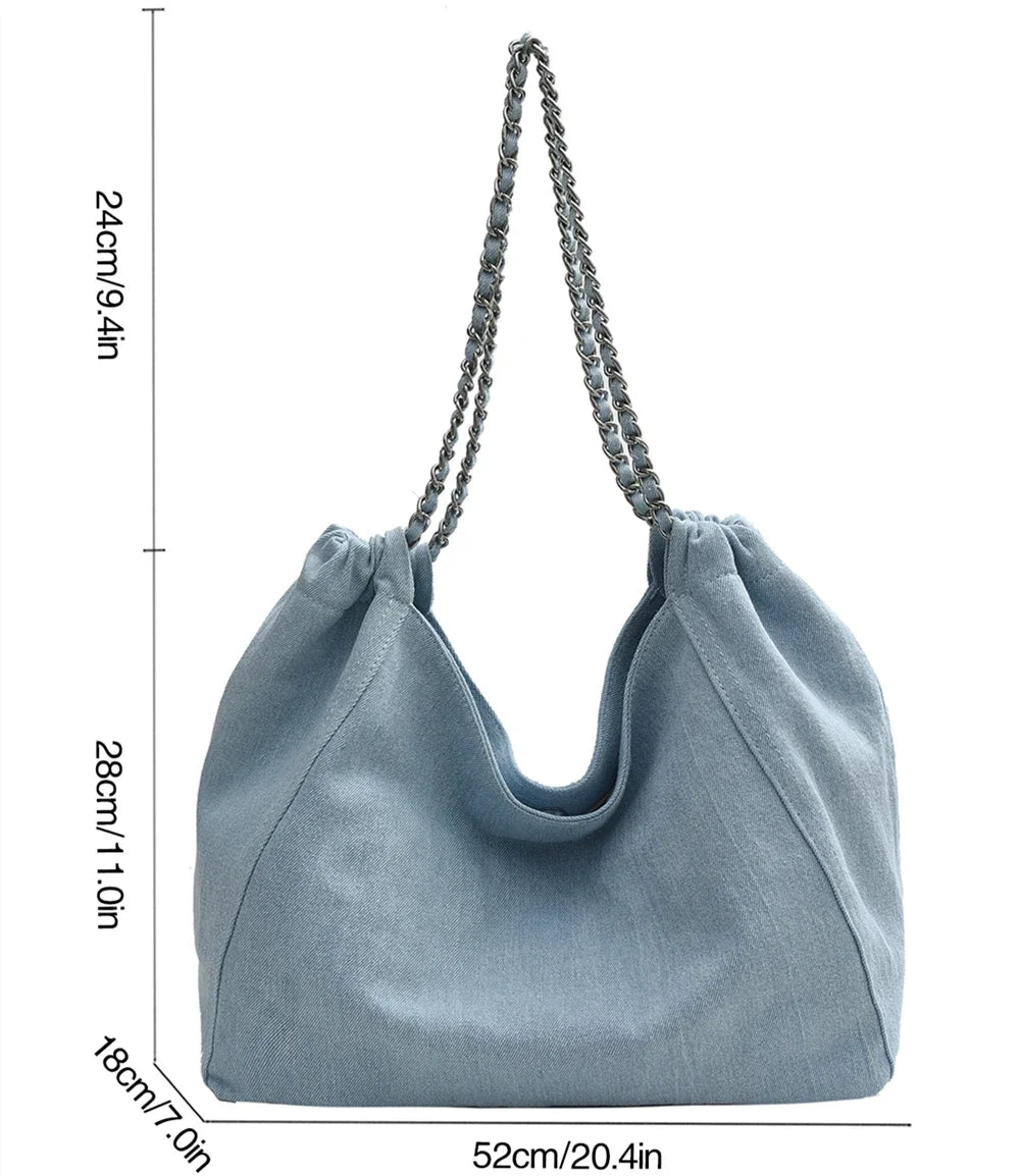 Chic Style Big Chain Shoulder Tote Bags For Women 2023 Luxury Designer Handbags Denim Fabric Pure Color Large Capacity Shoppers