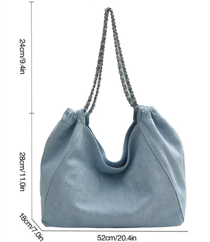 Chic Style Big Chain Shoulder Tote Bags For Women 2023 Luxury Designer Handbags Denim Fabric Pure Color Large Capacity Shoppers