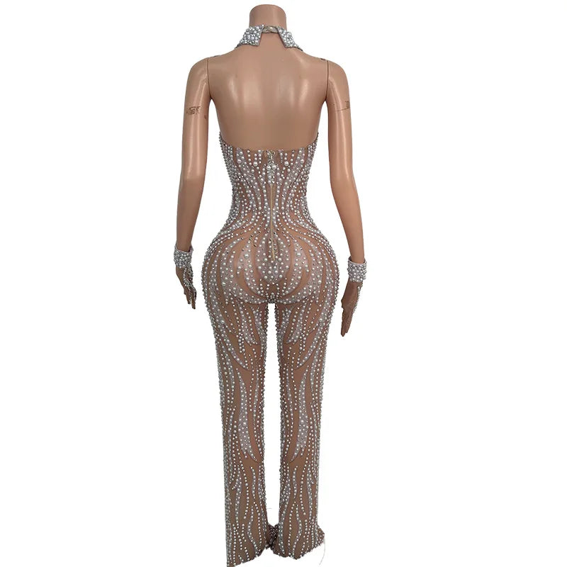 Elegant Pearls Crystal Tassel Wide Leg Jumpsuit Women Plus Size Backless Club Party Rompers Birthday Prom Playsuit Festival Wear