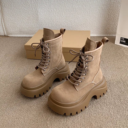 Comemore Platform Lace Up Ankle Boots Retro British Style Chunky Heeled Suede Leather Shoes for Women Solid Short Work Botas
