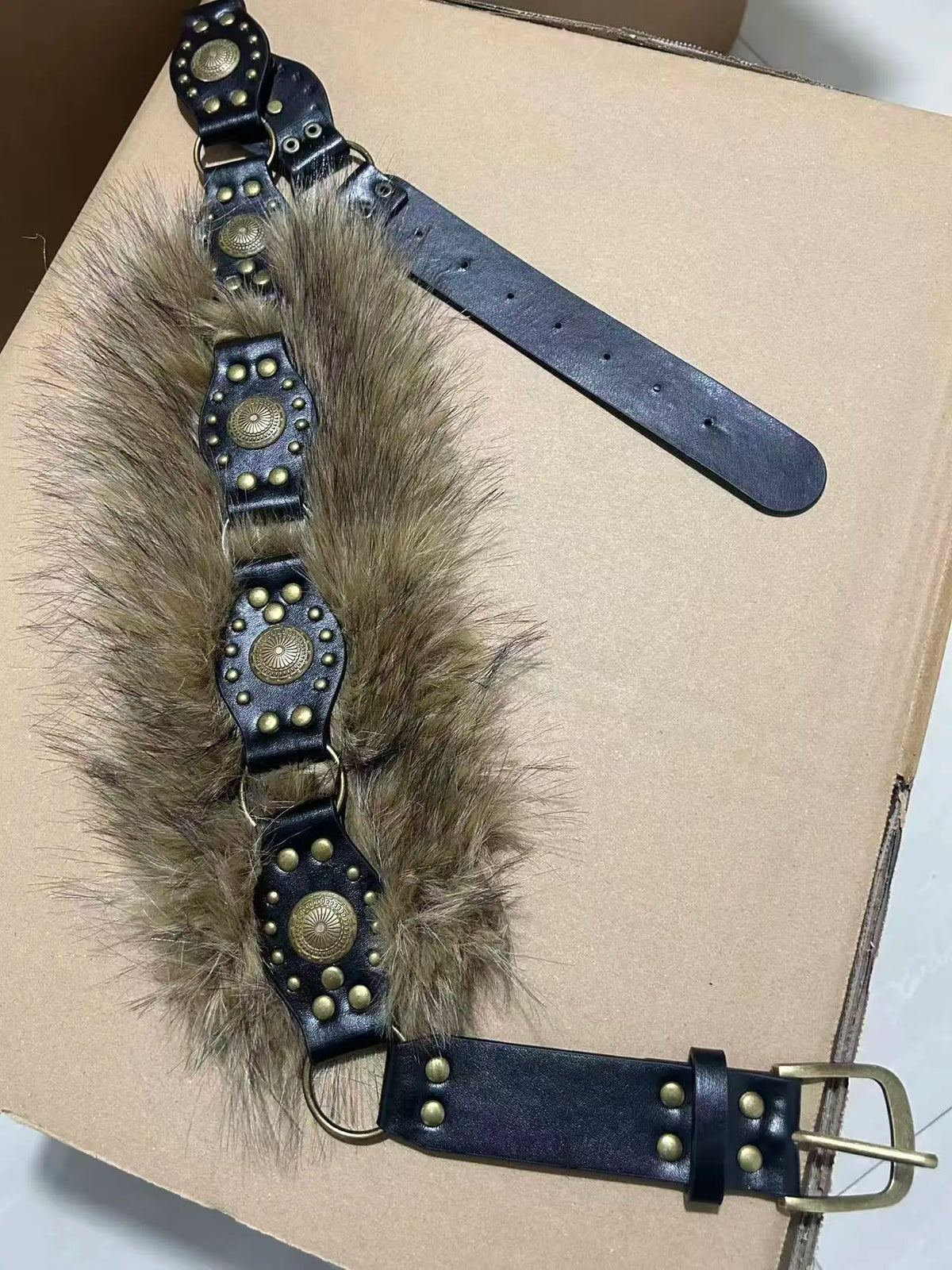 Fashion Women's Faux Fur Belt Rivet Leather Belts for Pants and Coats Brown and Black Y2K Girls' Belt