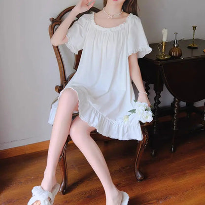 Casual Bowknot Women's Pajama Dress Short Sleeve Loose Ruffle Nightdress Home Wear Sleepwear Princess Nightgown Female