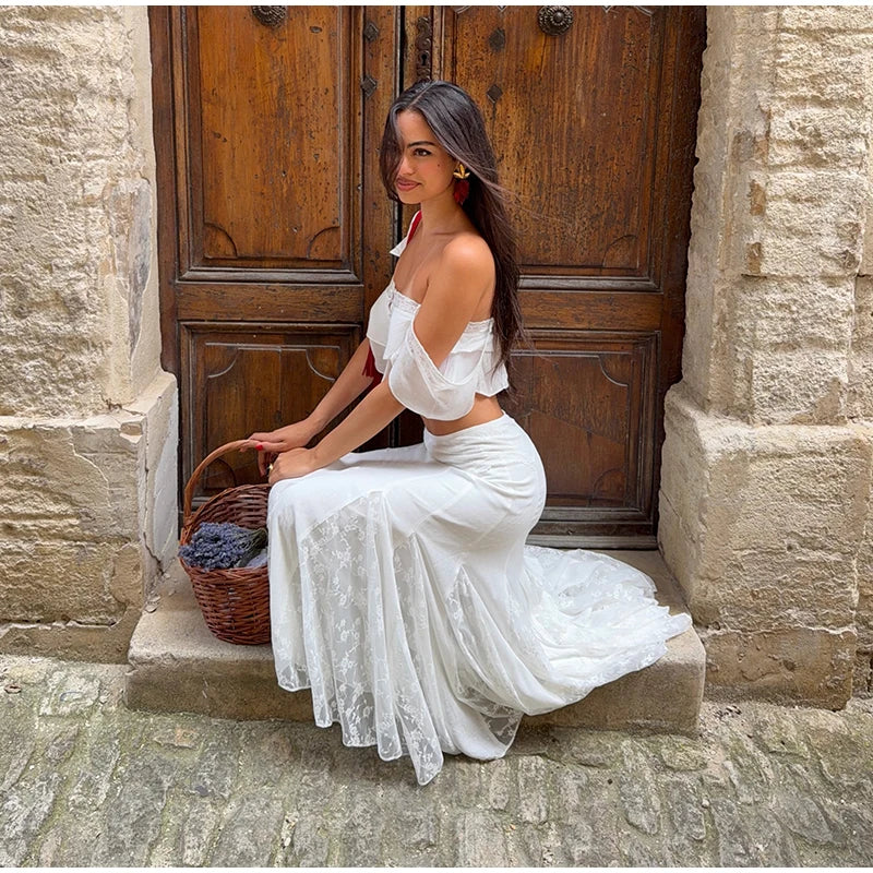 2026 Summer Fashion Square Neck Ruffled Crop Top & Pleated Midi Skirt 2-Piece Set Elegant Boho Resort Vacation Casual Outfits