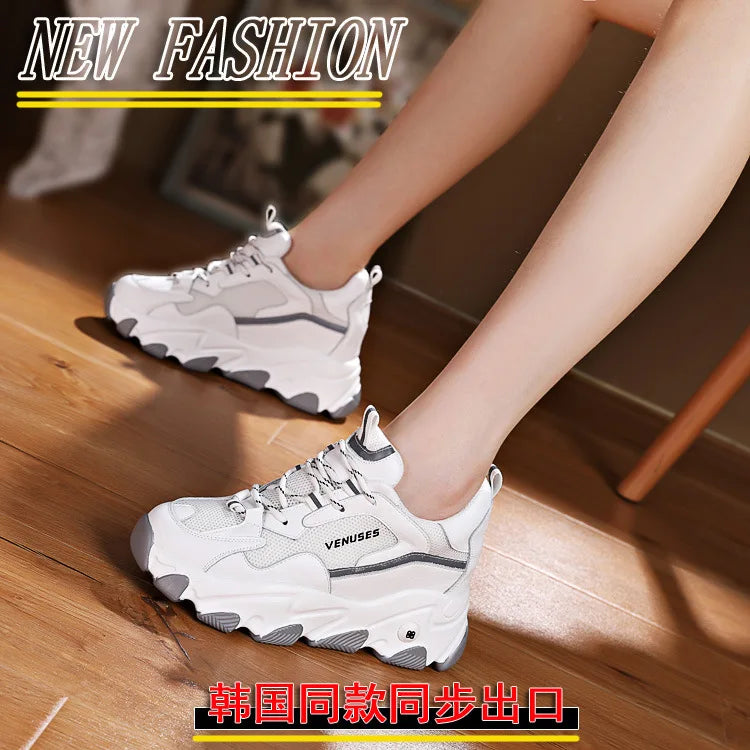 Women With Mesh And Synthetic Leather Upper Lace Up Design Round Toe Non Slip Thick Sole Breathable Casual Sports Shoes Trendy F