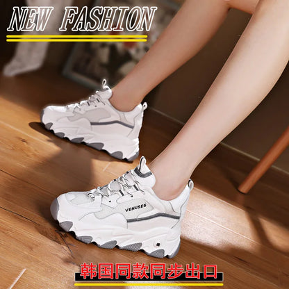 Women With Mesh And Synthetic Leather Upper Lace Up Design Round Toe Non Slip Thick Sole Breathable Casual Sports Shoes Trendy F