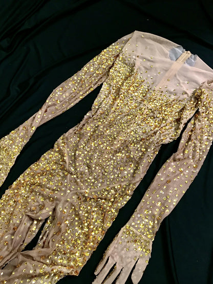 Performance Clothing Nightclub Bar Full Diamond Mesh Long-Sleeved One-Piece Trousers Female Jumping Girl Dancing Team Singer