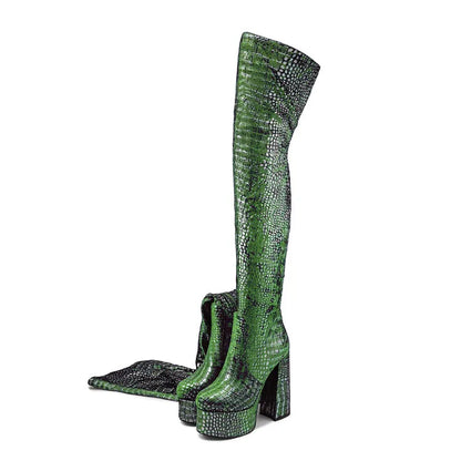 15CM Chunky Heel Platform Woman Over-the-knee Snake Pattern Boots Wild T Show Shoes Sexy Slimming Stretch Thigh Boots For Women