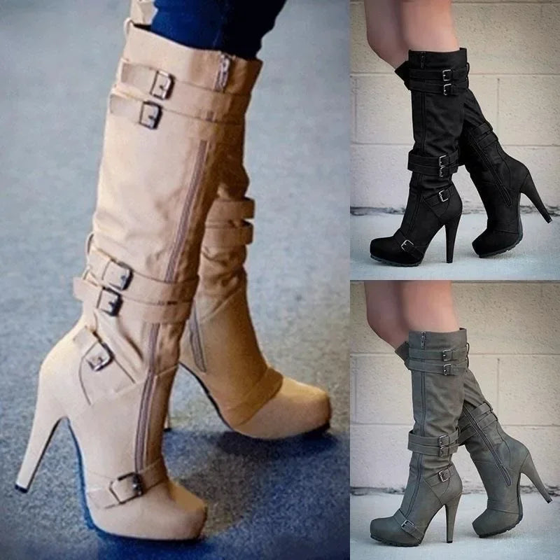 Fashion Women's Boots Knee High Mature Fashion Boots 9CM Stiletto European and American Style Side Zipper Round Head Women Shoes