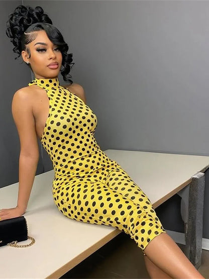 Kliou Sexy Backless Playsuits Woman Polka Dot Print Bandage Halter Off Shoulder Skinny Peach Buttocks High Street Style Rompers