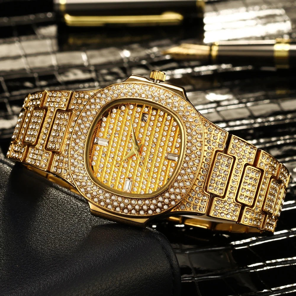 New Luxury Diamond Watch Men Iced Out Watches Calendar Waterproof Quartz Wristwatches Male Clock Relogio Masculino Drop Shipping