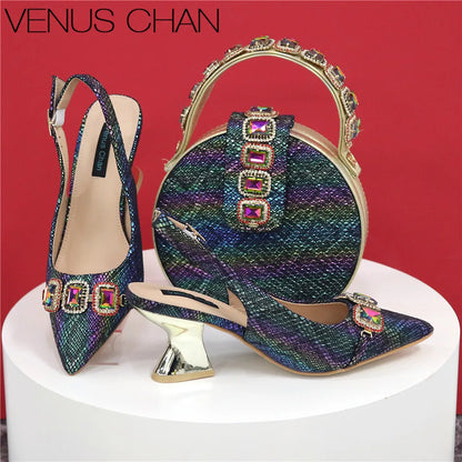 Newest Style Teal Sky Color Platform Design Peep Toe Ladies Shoes Matching Bag Set For Mature Women Heel Party Pump