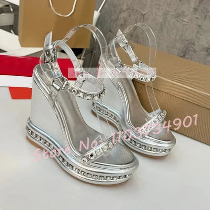 Crystal Wedges Belt Buckle Metallic Sandals Female Chic Open Toe Ankle Strap Shoes Women Luxury Party Elegant Round Toe Sandals