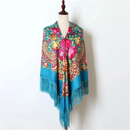 160cm Women Russian National babushka Scarf Lady Tassel Floral Print Cotton Headscarf Wraps Beach Travel Shade Shawls Bandana