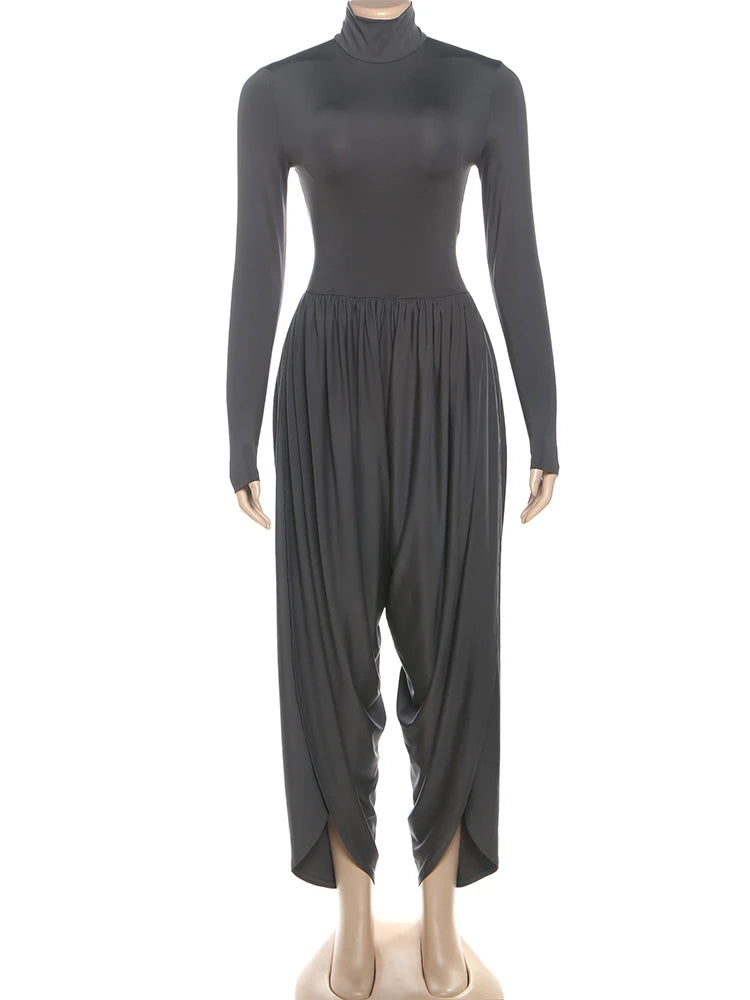 Whatiwear Casual Fashion Jumpsuits Woman Autumn Trend Turtleneck Full Sleeve Ruched Design Daily Simple Office Style Overalls