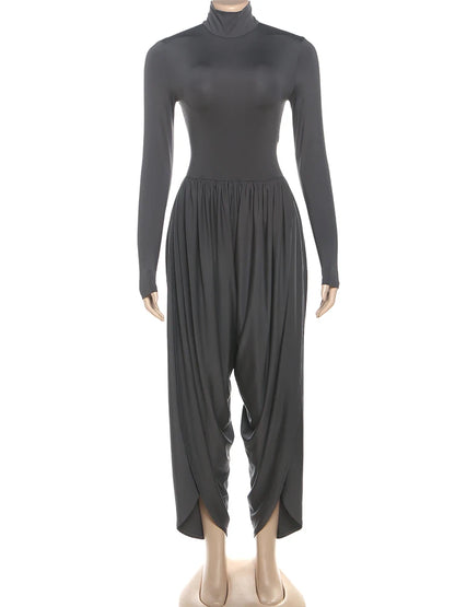 Whatiwear Casual Fashion Jumpsuits Woman Autumn Trend Turtleneck Full Sleeve Ruched Design Daily Simple Office Style Overalls