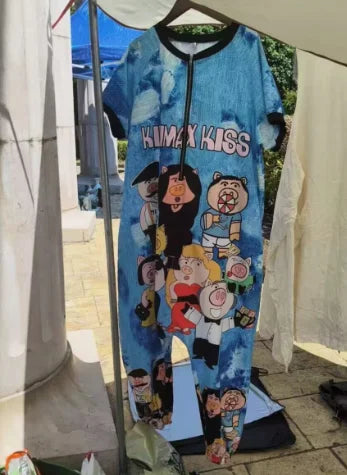 New Women Cartoon Graffiti Printing One Piece Overalls Mandarin Collar Short Sleeve Jumpsuit Hip Hop Design Rompers Baggy Pants