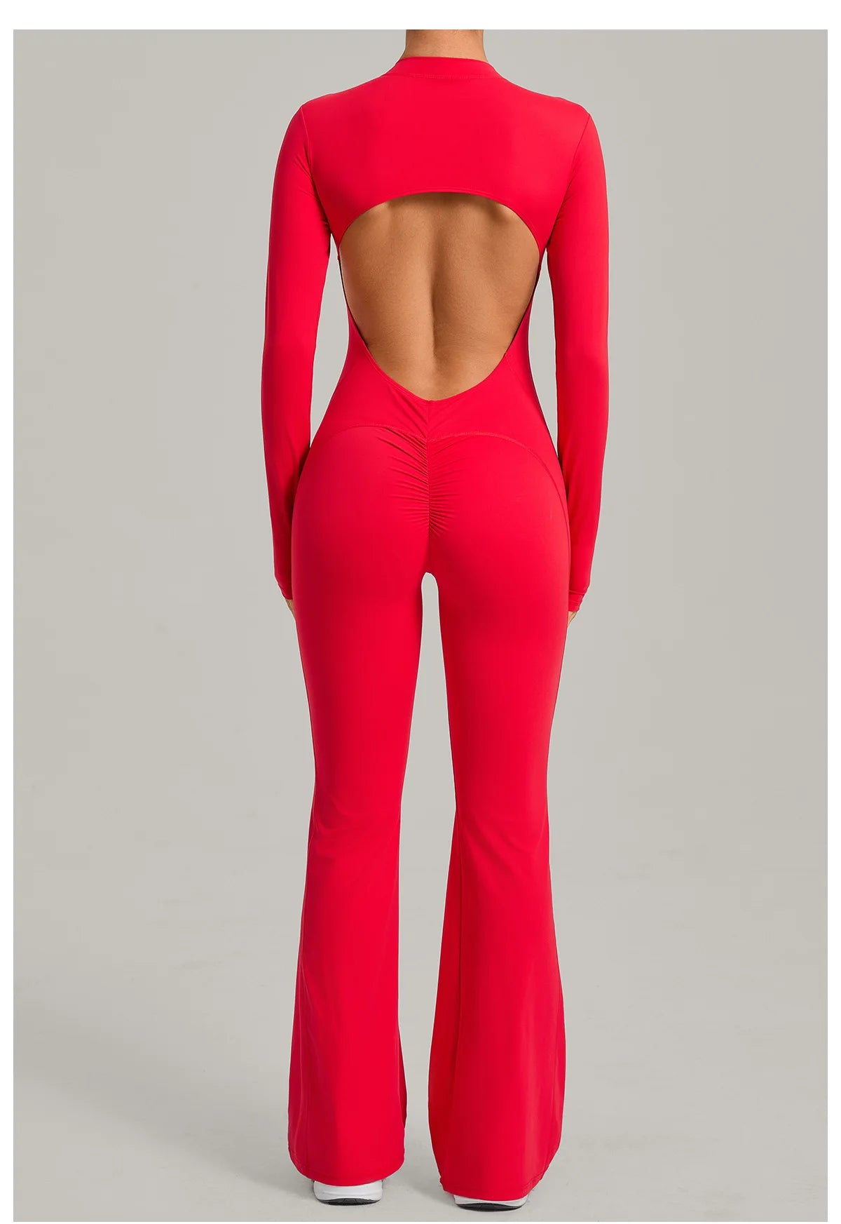 Women Long Sleeve Zip Yoga Bodysuit Cutout Back Scrunch Butt Lift Tummy Control Sweat Wicking Fabric Gym Workout Flare Jumpsuit