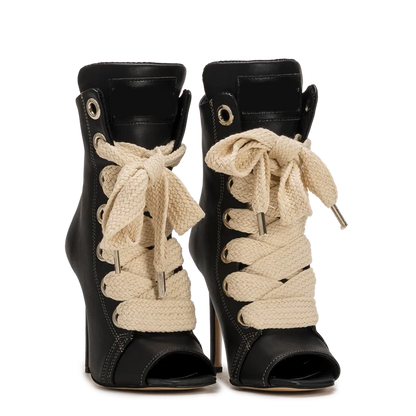 Peep Toe Corss Tied Patchwork Ankle Boots Sexy Square Toe Thick Heel New Arrivals Fashion Women Runway Shoes