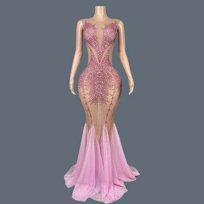 Luxury Dinners Shine Rhinestone Pink Ball Dress for Women Elegant Cloak Dress Birthday Celebrate Prom Queen Fishtail Gown Chanyi