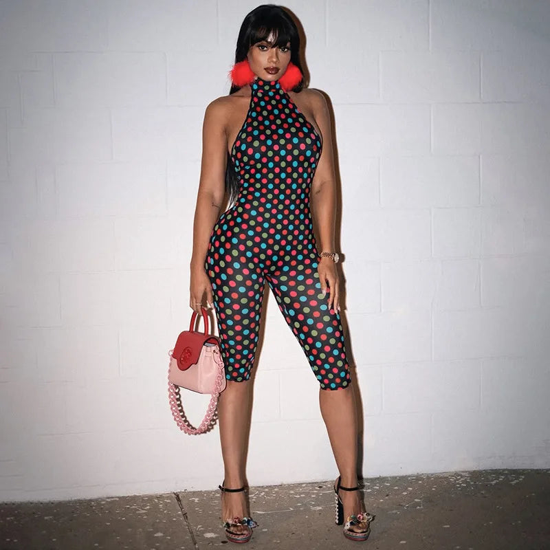 FAGADOER Fashion Color Dot Printing Bodycon Jumpsuits Woman Halter Sleeveless Backless Rompers Female Streetwear Overalls 2026