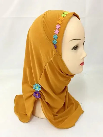 Girls Kids Muslim Beautiful Hijab Islamic Arab Scarf Shawls Flower Pattern