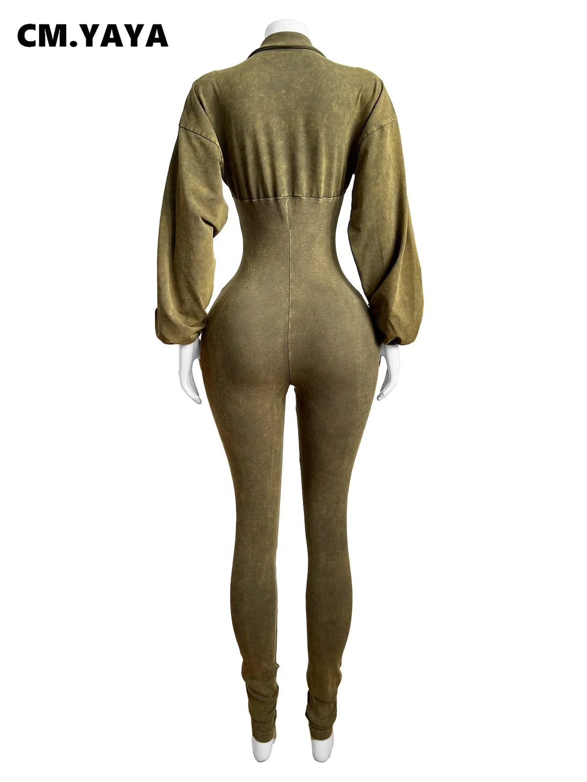 CM.YAYA Fashion Women Knit Ribbed Long Sleeve Moto Biker Jumpsuits 2024 Autumn Washed Street Playsuit One Piece Suit Romper