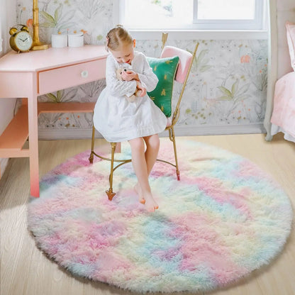 60/80/100/120/140/160 Round Rug Rainbow Fluffy Soft Area Rugs for Kids Girls Room Plush Shag Carpet Cute Circle Bedroom Decor