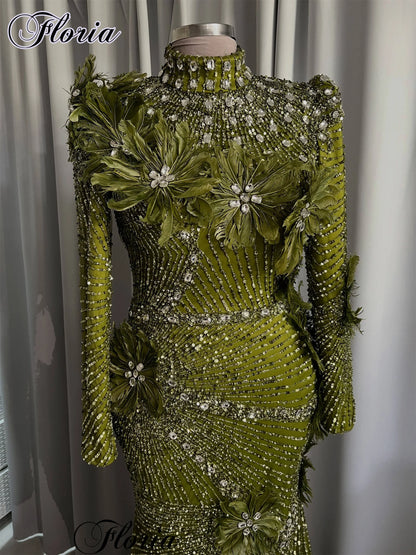 Dubai Muslim Green Evening Dresses Plus Size High Neck Long Sleeves Prom Dresses Formal Occasion Gown Robes De Soirée Customized