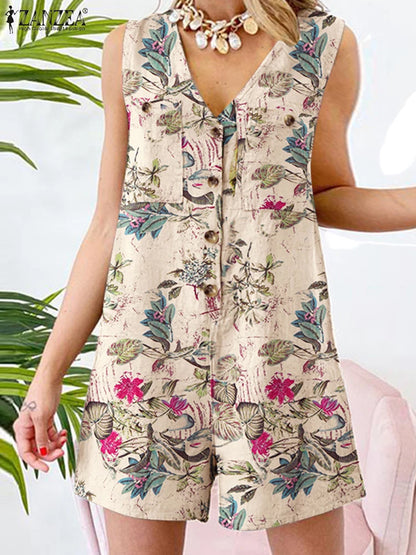 Women Summer Rompers ZANZEA Bohemian Floral Printed Jumpsuits Fashion V Neck Sleeveless Overall Pants Casual Holiday Playsuits