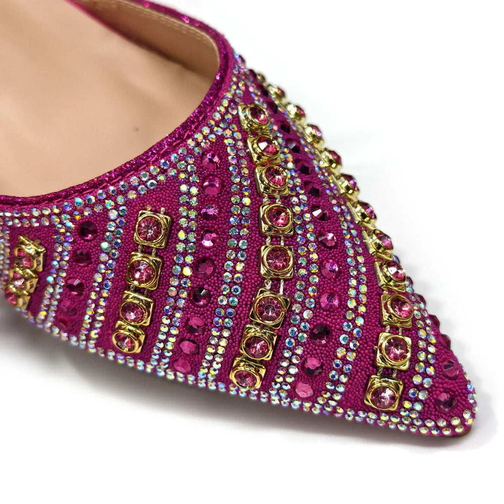 2025 Shiny Italian Fashion Pointed Toe Women Heel Fashion Rhinestone Decoration Fuchsia Color Shoes And Bag Set