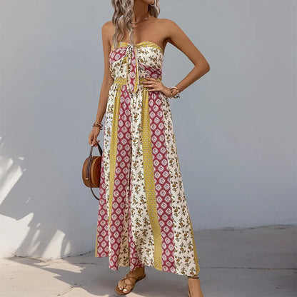 Cotton Rayon Floral Printed Sexy Strapless Jumpsuit Women Casual Bow Boho Beach Summer One Piece Women's Jumpsuits Bohemian