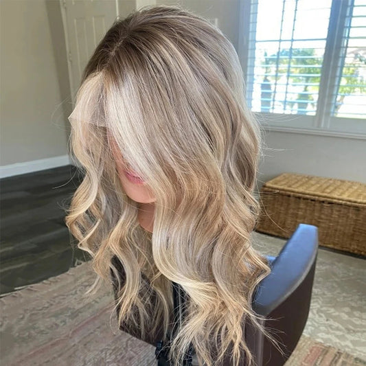 Highlight Wig Human Hair Ash Blonde Highlights Brown 13x4 Lace Front Wig Water Wave Human Hair Women's Wigs Soft Preplucked Wig