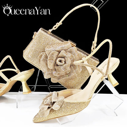 2025 Large Flower Design Shoes & Bag Nigerian Coffee Color Women's Stiletto Shoes For Special Good Time INS Style