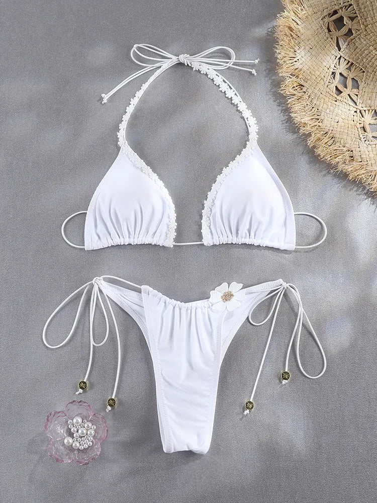 Floral Print Bordered Bikini Set Sexy Swimwear Women 2026 Bikinis Swimsuit Micro Thong Bandage Bathing Suits
