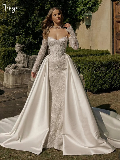 Tokyo Customized White Mermaid Wedding Dresses Strapless Back Zip Bridal Gowns Elegant Detachable Sleeves Train Wedding Gowns