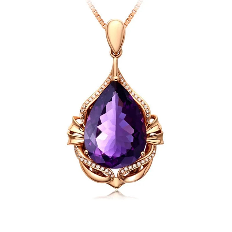 Natural Deep Purple Amethyst Pendant 18K Gold Plated Colored Gemstone Material Fashionable Jewelry Diamond Necklace