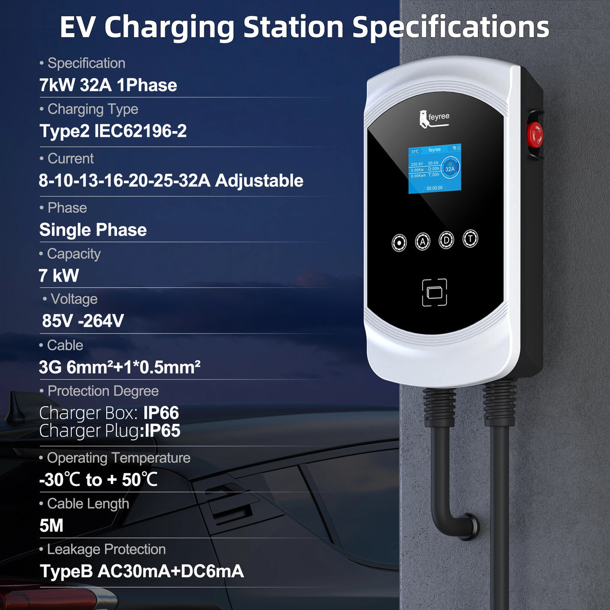 Feyree EV Charger Type2 Cable 32A 7.6kW Dynamic Load Balancing EVSE Wallbox APP Function 11kW 22kW Charging Station Electric Car
