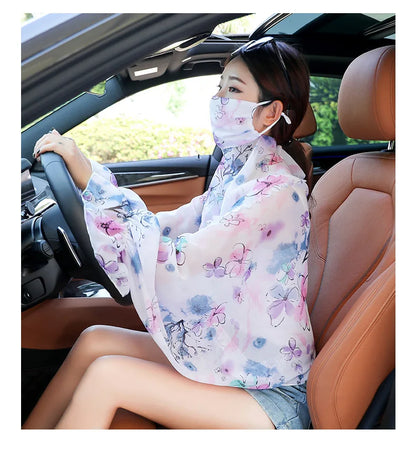 Cycling Sun Protection Shawl Driving Ice Silk Neck Face Cover Scarf Cooling Outdoor Cover Up Breathable Long Flared Sleeve Cape
