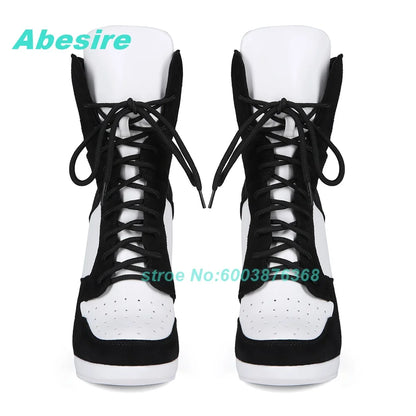 Mixed-Color Air Mesh Cross-Tied Ankle Boots Round Toe Thin Heels Platform Shoes for Women Casual Concise Daily Comfortable Shoes