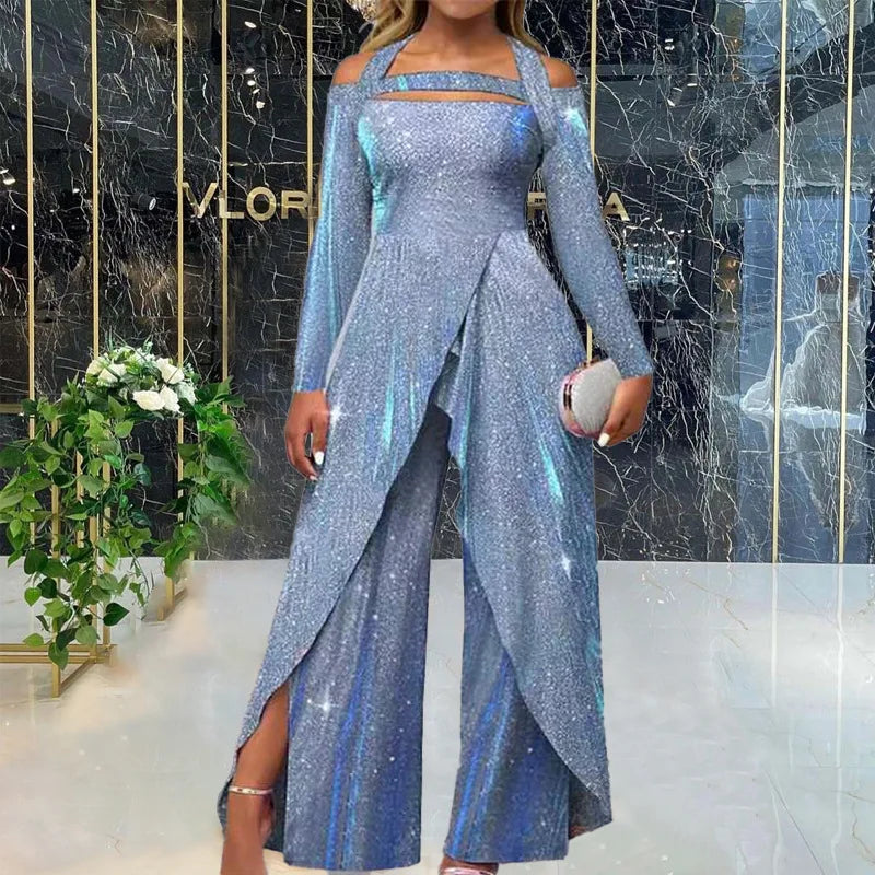 Women Jumpsuit Sexy Off Shoulder Long Sleeve Casual Rompers Irregular Wide Leg Pant Overalls Female Elegant Party Jumpsuits 2025