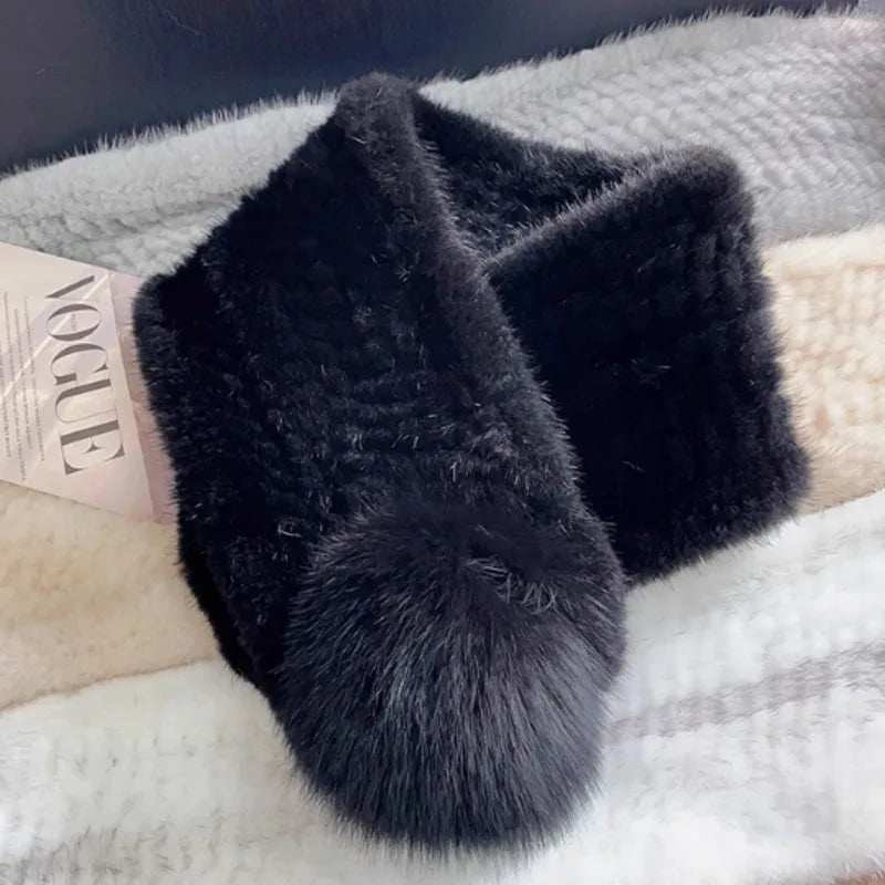 Mink Fur Scarf For Women Winter Warm Mink Fur Neck Warmer With Fox Fur Ball Double-Sided Real Fur Scarf Luxury Natural Fur Scarf