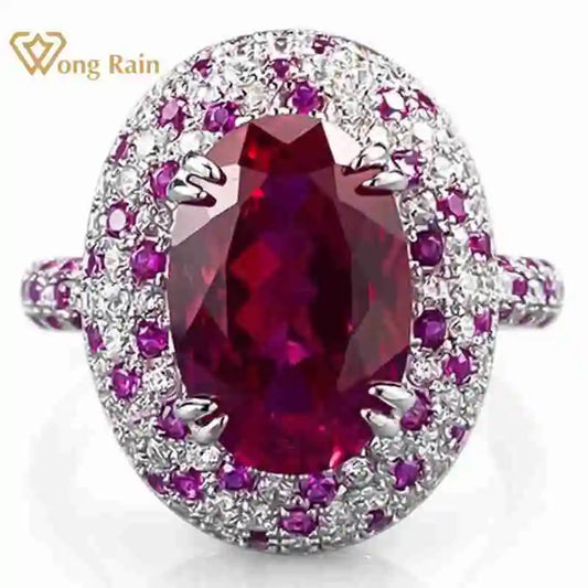 Wong Rain Luxury 925 Sterling Silver Oval Cut 8*12 MM Ruby High Carbon Diamond Gems Ring for Women Fine Jewelry Anniversary Gift