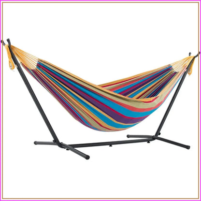 Double Cotton Hammock with Steel Stand, 450 lb Capacity, Portable with Carry Bag