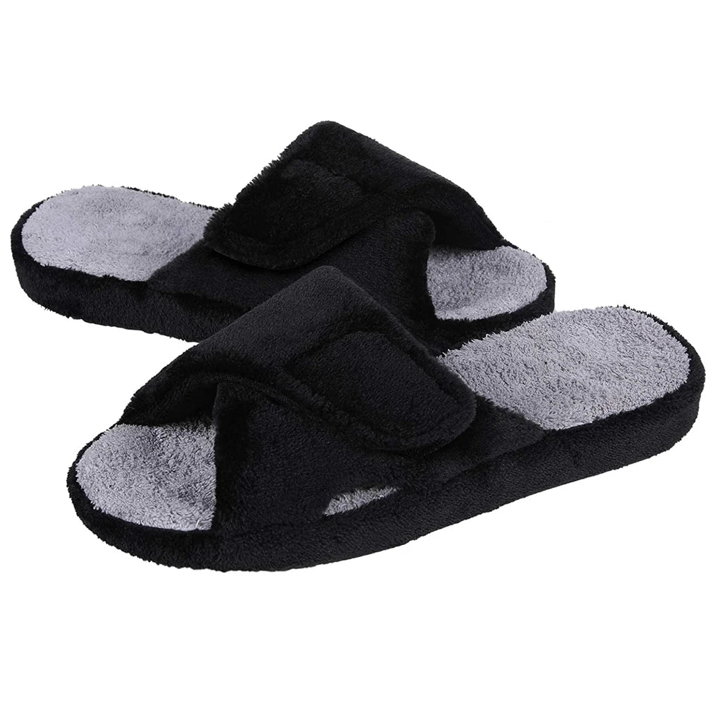 Smile Popcorn Women Adjustable Cross Strap Slippers Soft Fleece Two-tone Open Toe Non Slip Cozy Memory Foam Indoor House Slides