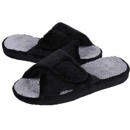 Smile Popcorn Women Adjustable Cross Strap Slippers Soft Fleece Two-tone Open Toe Non Slip Cozy Memory Foam Indoor House Slides