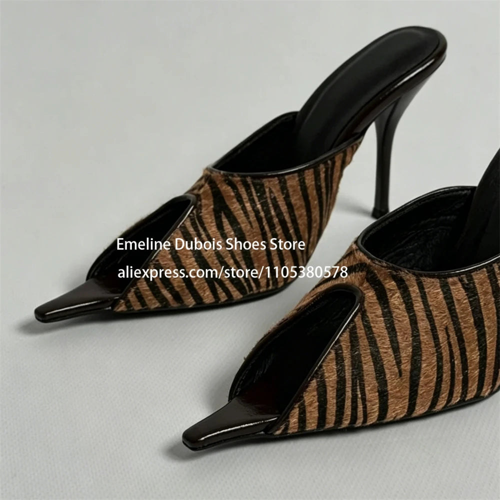Zebra Print Faux Pony Hair Cutout High Heel Sandals Women Pointed Toe Slip on Stilettos Mules Sexy Party Ladies Dress Sandals